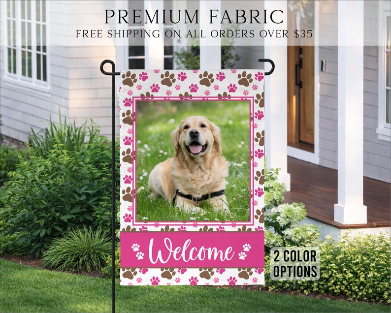 Drapeau de jardin de bienvenue pour animal de compagnie, Drapeau photo personnalisé pour animal de compagnie, Drapeau personnalisé pour animal de compagnie, Cadeau pour nouvel animal de compagnie, Drapeau pour animal de compagnie, Idées cadeau nouvel animal de compagnie, Cadeau de bienvenue pour animal de compagnie, Nouvel animal de compagnie Pink Paw Prints