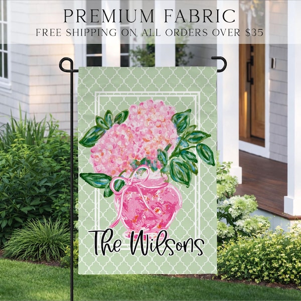 Hydrangea Garden Flag, Grandmillennial Porch Flag, Cottagecore Pink Flag, Summer Garden Decor, Custom Garden Flag, Outdoor Flag