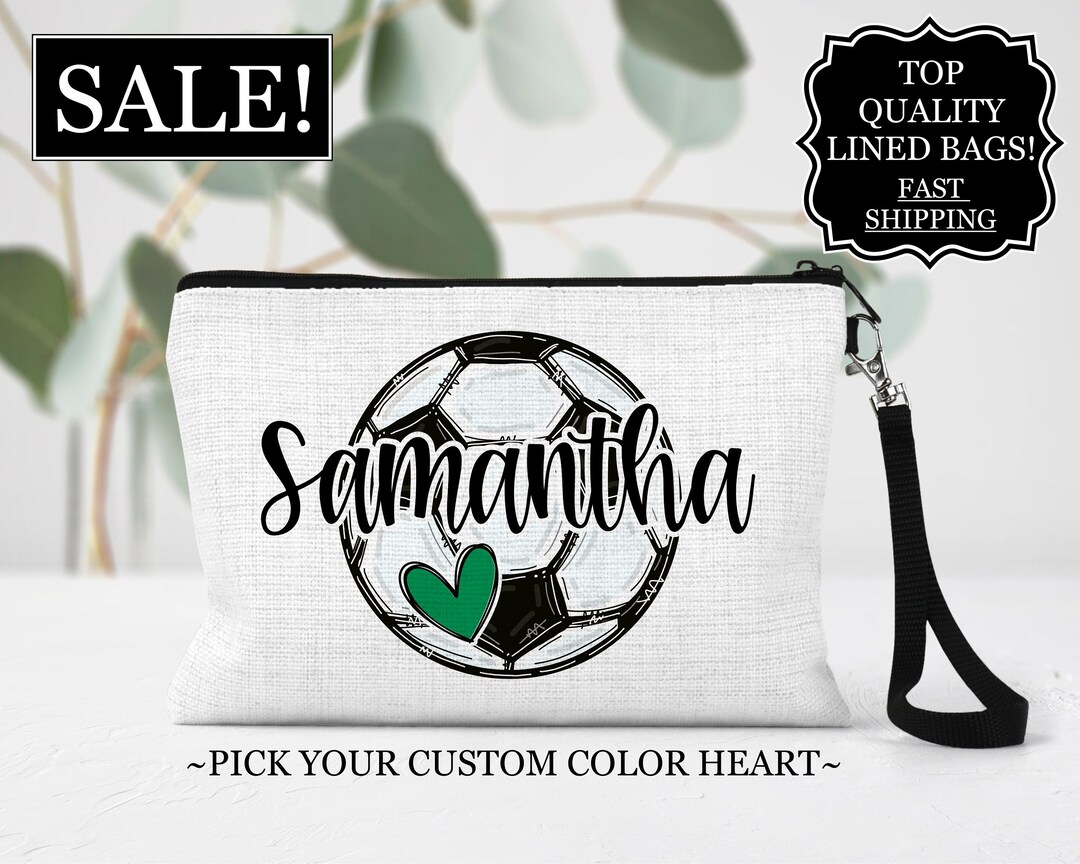 Soccer Lined Linen Bag, Personalized Sports Make up Bag, Custom Soccer