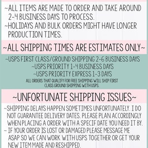 May include: A light green and white graphic with text that reads "Production & Shipping Info". The text explains that all items are made to order and take 2-4 business days to process. The graphic also includes information about shipping times for USPS First Class/Ground, USPS Priority, and USPS Priority Express shipping.