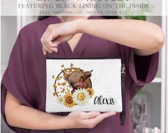 Highland Cow Cosmetic Bag, Personalized Flower Cow Makeup Bag, Cow Lover Gifts, Farm Animal Zipper Pouch, Animal Make Up Bag, Cow Bag