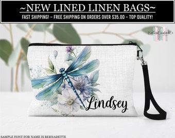 Dragonfly Lined Linen Cosmetic Bag, Personalized Dragonfly Makeup Bag, Gift For Her, Dragonfly Lover Gift, Gifts For Her, Lined Make Up Bag