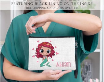 Mermaid Wristlet, Girls Mermaid Makeup Bag, Mermaid Accessory Bag, Mermaid Toiletry Bag, Personalized Mermaid Zipper Bag, Pencil Bag