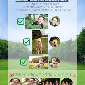 Puede incluir: Un gr&aacute;fico con el texto "INSTRUCCIONES DE FOTO" y ejemplos de fotos con y sin fondos. Las instrucciones aconsejan no recortar las fotos y incluir un fondo para una mejor calidad de impresi&oacute;n. Se muestran ejemplos de fotos aceptables e inaceptables.
