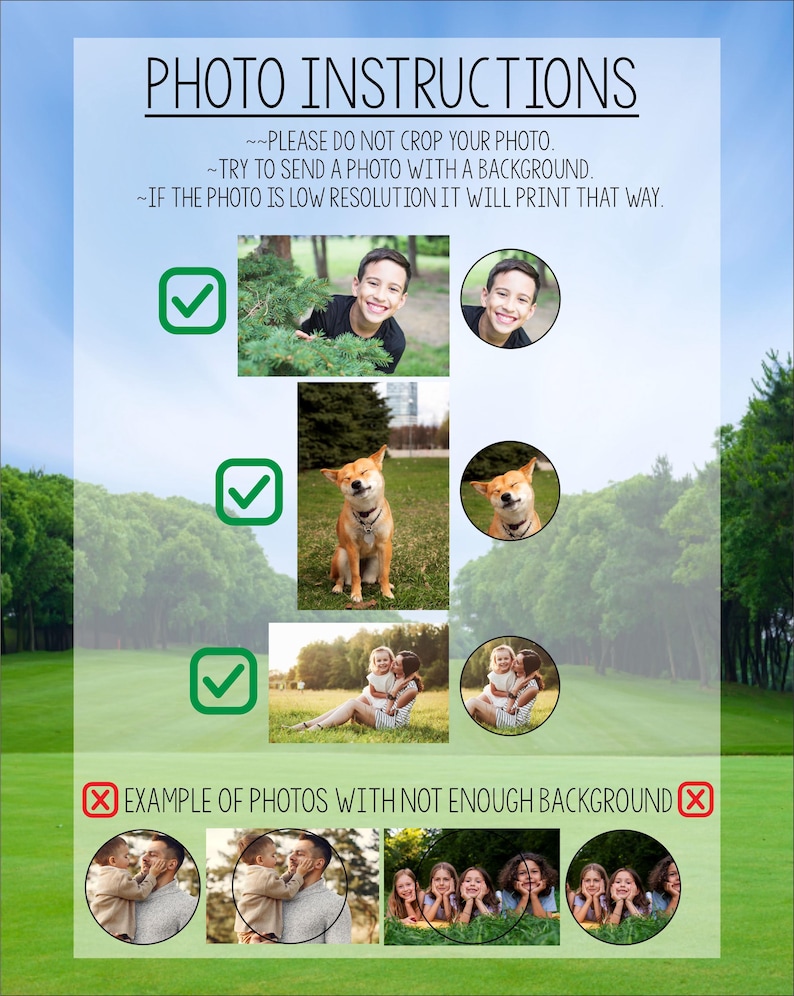 Puede incluir: Un gr&aacute;fico con el texto "INSTRUCCIONES DE FOTO" y ejemplos de fotos con y sin fondos. Las instrucciones aconsejan no recortar las fotos y incluir un fondo para una mejor calidad de impresi&oacute;n. Se muestran ejemplos de fotos aceptables e inaceptables.