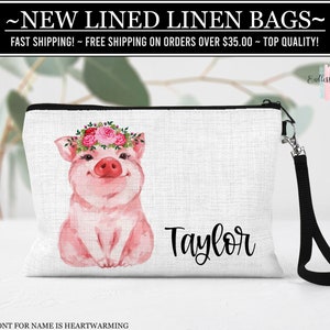 Pig Lined Linen Cosmetic Bag, Personalized Flower Pig Makeup Bag, Pig Lover Gifts, Farm Animal Zipper Pouch, Animal Make Up Bag, Pig Gifts