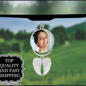 Custom Photo Angel Wings Memorial Hanging Charm, Rear View Mirror Charm, Personalized Memorial Ornament Charm, Custom Picture Charm