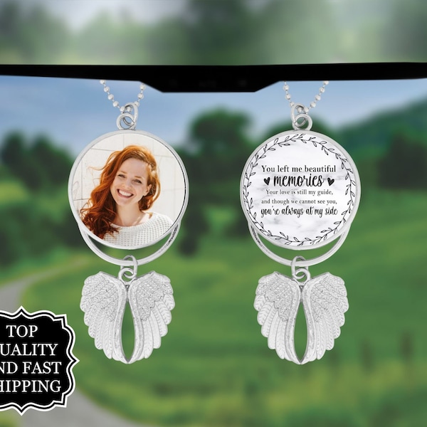 Custom Photo Angel Wings Memorial Hanging Charm, Rear View Mirror Charm, Personalized Memorial Ornament Charm, Custom Picture Charm