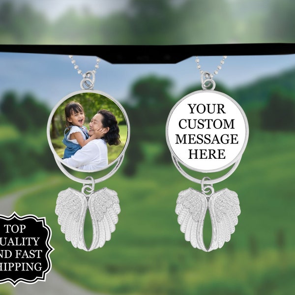 Custom Photo Angel Wings Memorial Hanging Charm, Rear View Mirror Charm, Personalized Memorial Ornament Charm, Custom Picture Charm