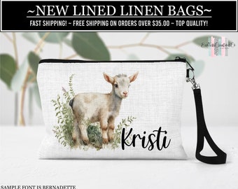 Goat Lined Linen Bag, Personalized Baby Goat Cosmetic Bag, Gift For Her, Goat Lover Gift, Goat Zipper Pouch, Goat Bag, Farm Animal Bag