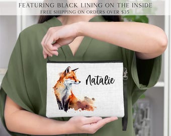 Personalized Fox Linen Cosmetic Bag, Fox Makeup Bag, Fox Gift Ideas, Personalized Linen Wristlet, Custom Fox Bag, Fox Lover Gift