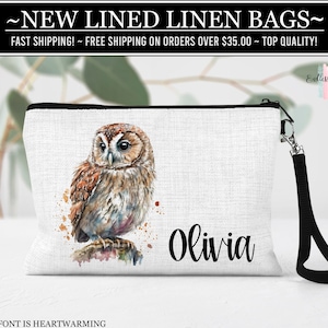 Owl Cosmetic Bag, Owl Makeup Bag, Owl Gift Ideas, Personalized Linen Wristlet, Custom Owl Bag, Owl Lover Gift, Owl Lover Gift Ideas