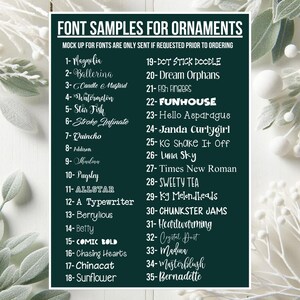 May include: A dark green background displays a list of 35 font samples for ornaments. The text includes font names like "Magnolia," "Ballerina," and "Comic Bold." The text "Mock up for fonts are only sent if requested prior to ordering" is at the top.