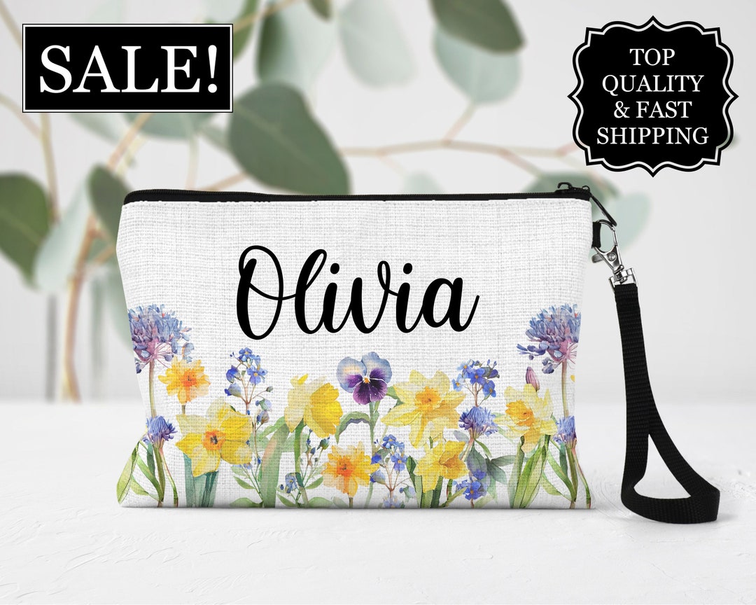 Personalized Daffodil Floral Cosmetic Bag, Daffodil Flower Makeup Bag