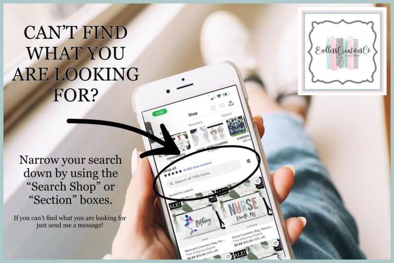 May include: A screenshot of a mobile phone displaying a search bar with the text "Search all 1166 items". The search bar is on a website with a shop interface. The website is for a shop called "Endless Creations Co."