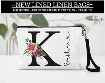 Floral Initial Cosmetic Bag, Personalized Floral Makeup Bag, Initial Cosmetic Bag, Custom Make Up Bag, Personalized Cosmetic Bag, Floral Bag