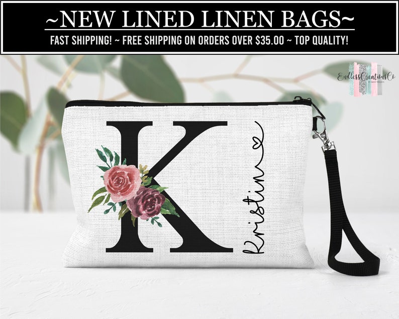 Floral Initial Cosmetic Bag, Personalized Floral Makeup Bag, Initial Cosmetic Bag, Custom Make Up Bag, Personalized Cosmetic Bag, Floral Bag image 1
