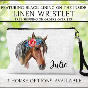 Horse Wristlet, Personalized Floral Horse Makeup Bag, Gift For Her, Horse Lover Gift, Horse Zipper Pouch, Horse Lover Gift, Custom Horse Bag