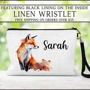 Personalized Fox Linen Cosmetic Bag, Fox Makeup Bag, Fox Gift Ideas, Personalized Linen Wristlet, Custom Fox Bag, Fox Lover Gift