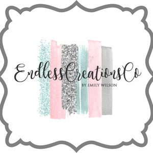 May include: A logo for a business called "Endless Creations Co. by Emily Wilson". The logo features a white background with a gray frame. The text is in black cursive font. The logo also features a series of colorful brushstrokes in shades of pink, gray, and blue.
