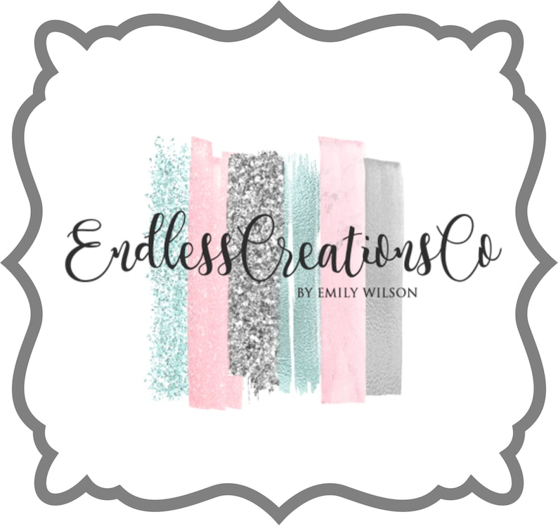 May include: A logo for a business called "Endless Creations Co. by Emily Wilson". The logo features a white background with a gray frame. The text is in black cursive font. The logo also features a series of colorful brushstrokes in shades of pink, gray, and blue.