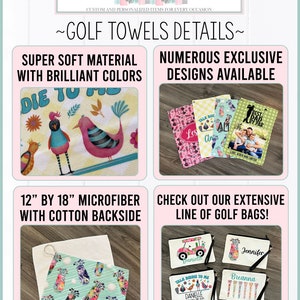 May include: A set of four golf towels with various designs. The towels are 12 inches by 18 inches and made of microfiber with a cotton backside. The towels feature a variety of designs, including birds, golf carts, and golf clubs. The towels are available in a variety of colors.