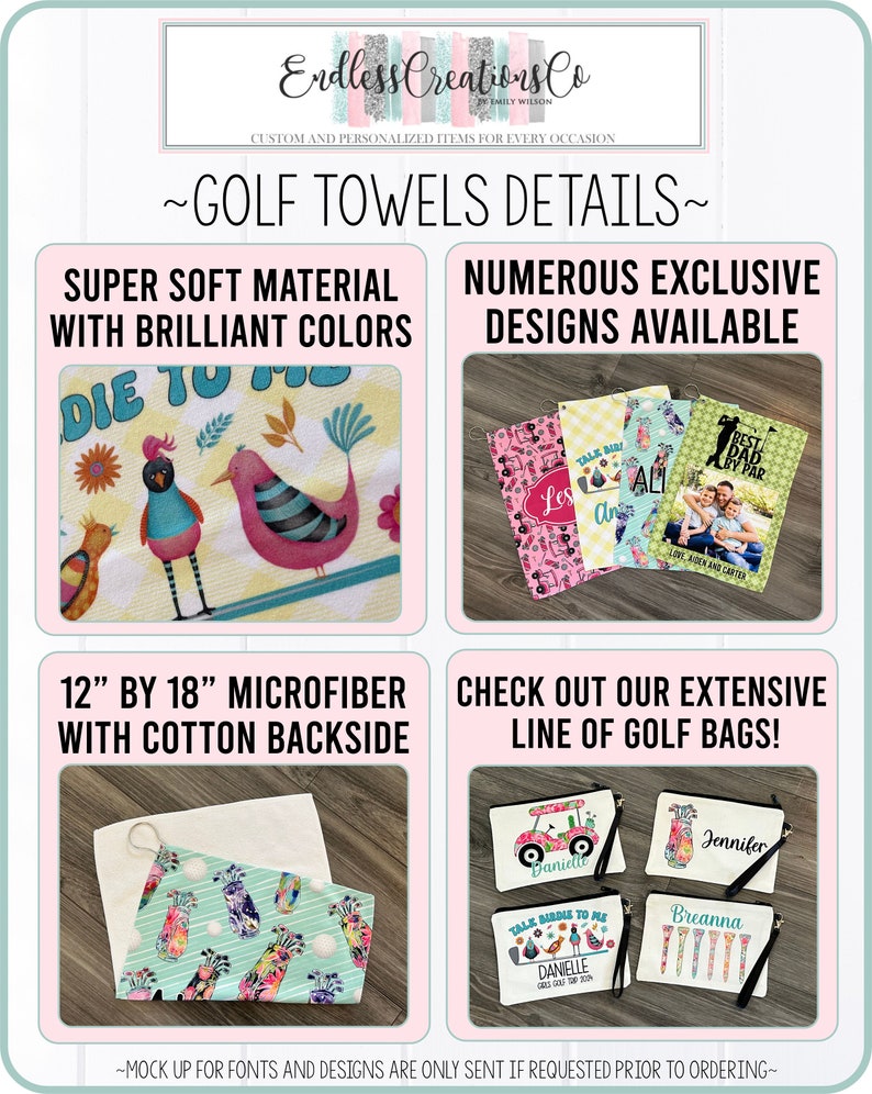 May include: A set of four golf towels with various designs. The towels are 12 inches by 18 inches and made of microfiber with a cotton backside. The towels feature a variety of designs, including birds, golf carts, and golf clubs. The towels are available in a variety of colors.