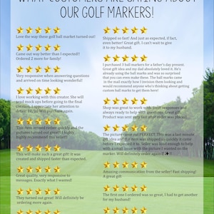 Puede incluir: Gr&aacute;fico con rese&ntilde;as de clientes sobre marcadores de golf. Las rese&ntilde;as positivas elogian la calidad, la velocidad de env&iacute;o y el excelente servicio al cliente. Se utilizan frases como "gran regalo" y "perfecto".