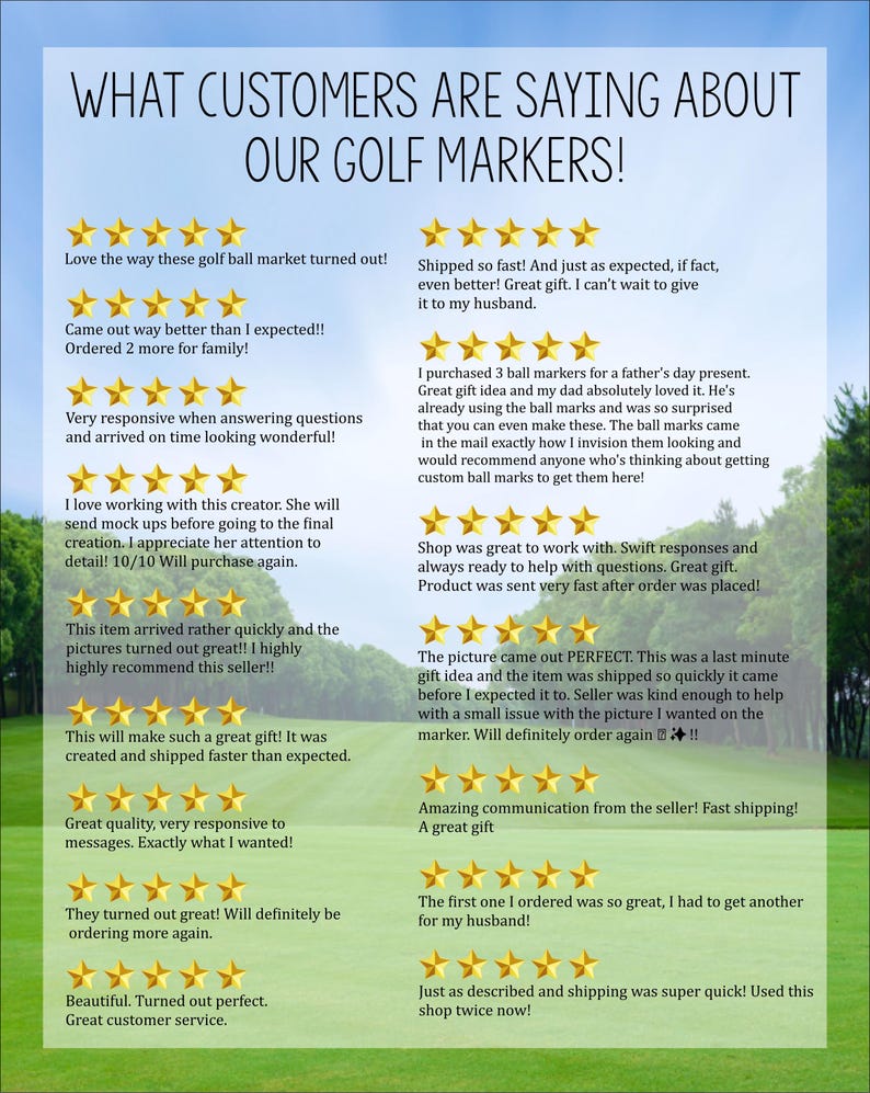 Puede incluir: Gr&aacute;fico con rese&ntilde;as de clientes sobre marcadores de golf. Las rese&ntilde;as positivas elogian la calidad, la velocidad de env&iacute;o y el excelente servicio al cliente. Se utilizan frases como "gran regalo" y "perfecto".