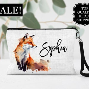 Personalized Fox Lined Linen Cosmetic Bag, Fox Makeup Bag, Fox Gift Ideas, Personalized Linen Wristlet, Custom Fox Bag, Fox Lover Gift