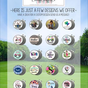 Puede incluir: Una colecci&oacute;n de marcadores de bolas de golf personalizados con varios dise&ntilde;os. Algunos marcadores presentan nombres como "Heather" y "Jamie", mientras que otros muestran im&aacute;genes y texto como "Best Dad by Par" y "Your Logo". El texto "Endless Creations Co" tambi&eacute;n es visible.