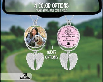 Pet Photo Angel Wings Memorial Hanging Charm, Rear View Mirror Memorial Charm, Personalized Memorial Ornament Charm, Double Sided Car Charm