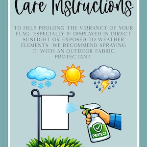 K&ouml;nnte beinhalten: Bild mit dem Text "Care Instructions" und dem Hinweis, Fahnen mit einem Outdoor-Stoffschutzmittel zu bespr&uuml;hen. Die Abbildung enth&auml;lt Illustrationen von Wetterelementen und eine Hand, die eine Fahne bespr&uuml;ht.