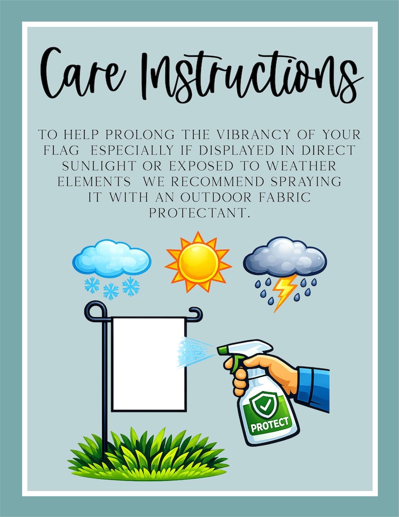 K&ouml;nnte beinhalten: Bild mit dem Text "Care Instructions" und dem Hinweis, Fahnen mit einem Outdoor-Stoffschutzmittel zu bespr&uuml;hen. Die Abbildung enth&auml;lt Illustrationen von Wetterelementen und eine Hand, die eine Fahne bespr&uuml;ht.