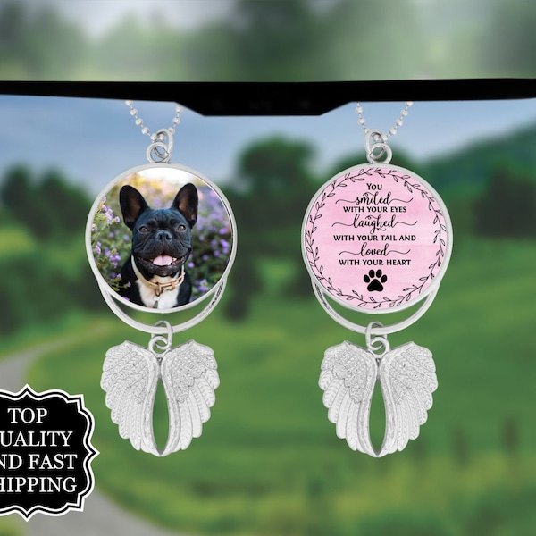 Pet Photo Angel Wings Memorial Hanging Charm, Rear View Mirror Memorial Charm, Personalized Memorial Ornament Charm, Double Sided Car Charm