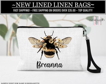 Personalized Bee Cosmetic Bag, Personalized Honey Bee Makeup Bag, Bridesmaid Gift, Bridal Party, Maid Of Honor Gift, Personalized Gift