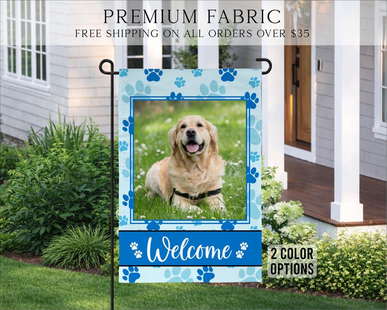 Drapeau de jardin de bienvenue pour animal de compagnie, Drapeau photo personnalisé pour animal de compagnie, Drapeau personnalisé pour animal de compagnie, Cadeau pour nouvel animal de compagnie, Drapeau pour animal de compagnie, Idées cadeau nouvel animal de compagnie, Cadeau de bienvenue pour animal de compagnie, Nouvel animal de compagnie Blue Paw Prints