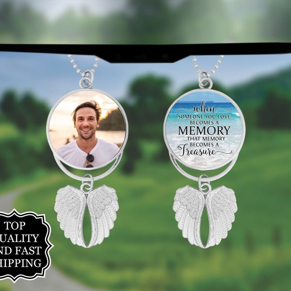 Custom Photo Angel Wings Memorial Hanging Charm, Rear View Mirror Charm, Personalized Memorial Ornament Charm, Custom Picture Charm