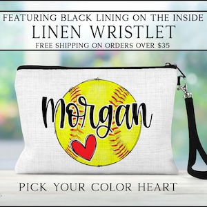 Softball Heart Wristlet, Personalized Sports Make Up Bag, Custom Softball Bag, Softball Team Gift, Sports Gift, Softball Coach Gift
