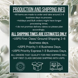 May include: A white sign with the text "PRODUCTION AND SHIPPING INFO" in a bold, dark green font. The sign includes information about processing times, shipping estimates, and USPS shipping options. The sign also has a "100% HANDMADE" logo.