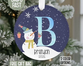 Snowman Christmas Ornament, Personalized Snowman Initial Ornament, Custom Christmas Ornament, Keepsake Christmas Ornament, Child Ornament