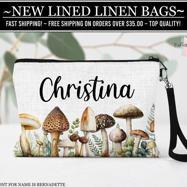 Personalized Mushroom Cosmetic Bag, Personalized Mushroom Makeup Bag, Mushroom Lover Gifts, Forest Mushroom Zipper Pouch, Mushroom Bag
