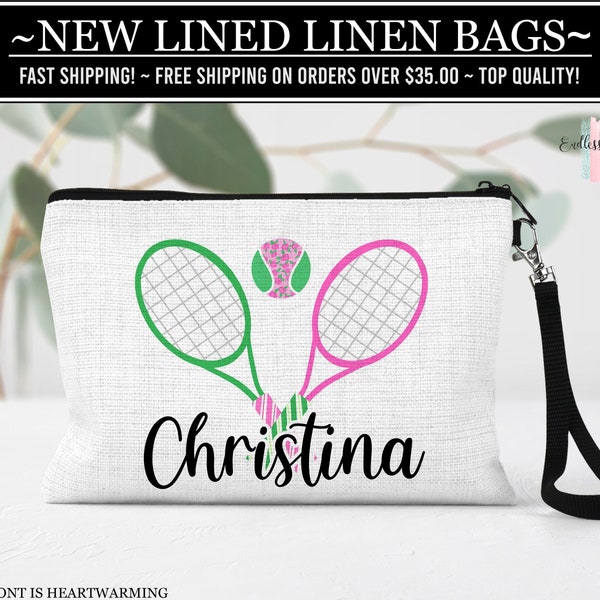 Tennis Lined Linen Bag, Personalized Sports Make Up Bag, Custom Tennis Toiletry Bag, Tennis Team Gift, Sports Gift, Coach Gift, Tennis Bag