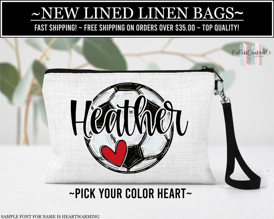 Soccer Lined Linen Bag, Personalized Sports Make up Bag, Custom Soccer