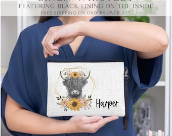Highland Cow Cosmetic Bag, Personalized Flower Cow Makeup Bag, Cow Lover Gifts, Farm Animal Zipper Pouch, Animal Make Up Bag