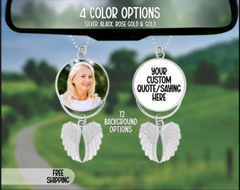 Colgante conmemorativo personalizado con forma de alas de ángel, dije para espejo retrovisor, adorno conmemorativo personalizado, dije con foto personalizada