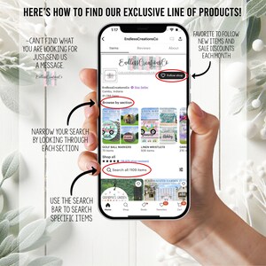 May include: A smartphone screen displays an Etsy shop with product categories and search options. Text on the screen includes "Browse by section" and "Search all 1109 items." Arrows point to features, with the text "Here's how to find our exclusive line of products!"