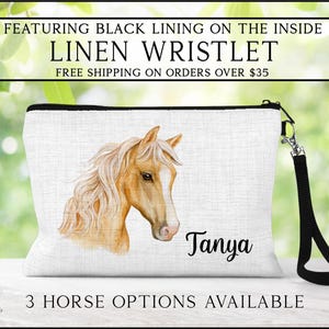Personalized Horse Wristlet, Tan Horse Makeup Bag, Horse Lover Gift, Horse Zipper Pouch, Horse Lover Gift, Horse Gifts For Her