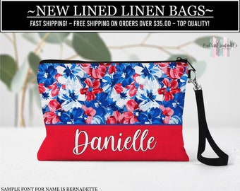 Patriotic Flower Cosmetic Bag, Personalized Floral Make Up Bag, Summer Make Up Bag, Gifts For Her, Flower Cosmetic Bag, Summer Wedding Bag