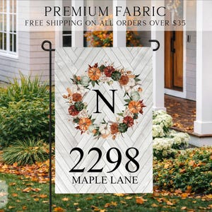 Address Fall Flag, House Number Flag, Welcome Address Flag, Housewarming Gift, Fall Welcome Flag, Address Porch Flag image 1
